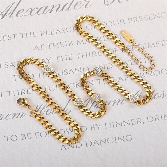 Yellow Gold Casual Women's Engraved Heart & Rhinestone Steel Chain Necklace - Picture 5 of 6